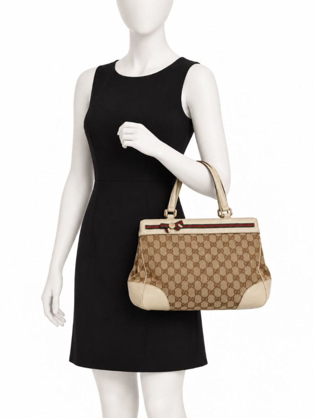 Gucci GG Monogram Canvas Web Stripe Bow Tote Shoulder Bag
